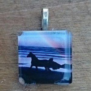 Hand Crafted Glass Tile Running Horse Beach Pendant Gift Equestrian